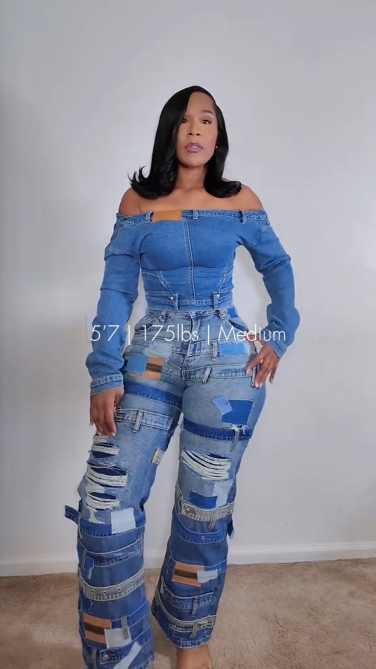 Denim Off-Shoulder Patchwork Set